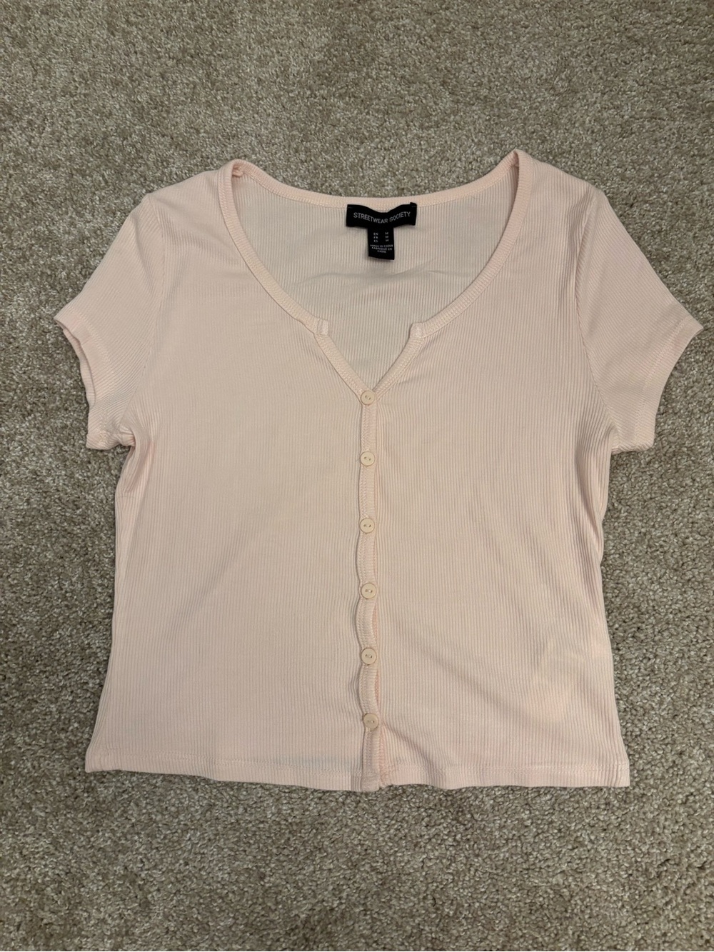 Baby Pink Ribbed Button-Front Short Sleeve Top